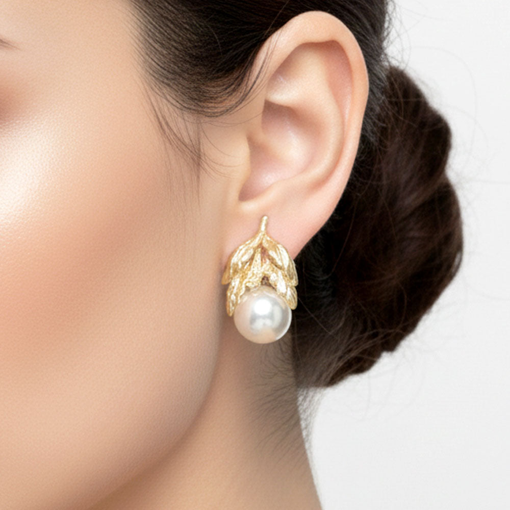 Gold Leaf & Pearl Cluster Stud Earrings