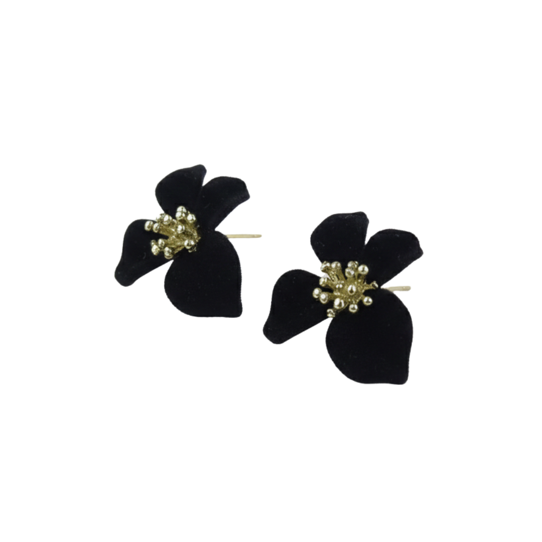 Black Velvet Floral Earrings with Golden Stamen Detail