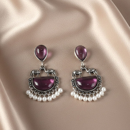 Royal Elephant Motif Purple Stone Oxidized Earrings
