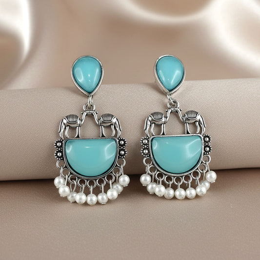 Turquoise Elephant Motif Oxidized Silver Statement Earrings