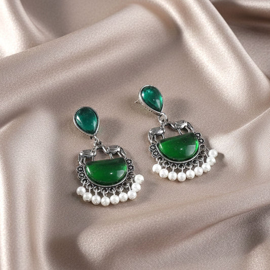 Emerald Green Elephant Motif Oxidized Silver Earrings