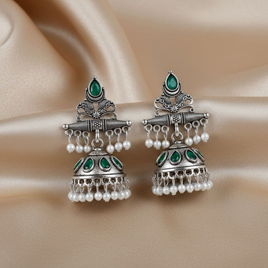 Royal Green Stone Oxidized Silver Jhumka Earrings