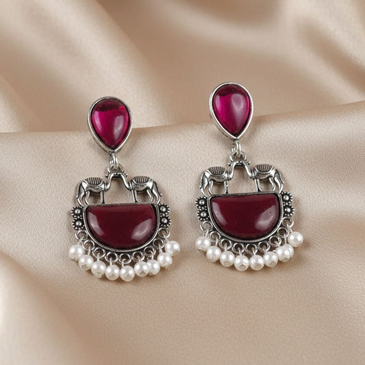 Rani Pink Elephant Motif Oxidized Silver Statement Earrings