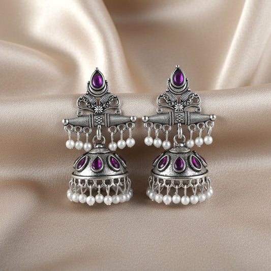 Royal Purple Stone Oxidized Silver Jhumka Earrings