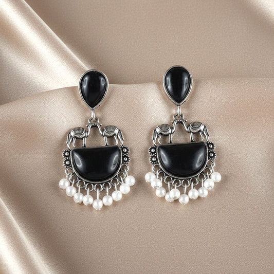Classic Black Stone Elephant Motif Oxidized Silver Earrings