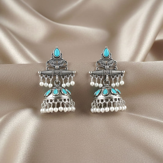 Turquoise Blue Stone Oxidized Silver Jhumka Earrings