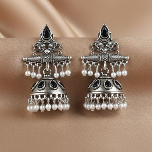 Classic Black Stone Oxidized Silver Jhumka Earrings