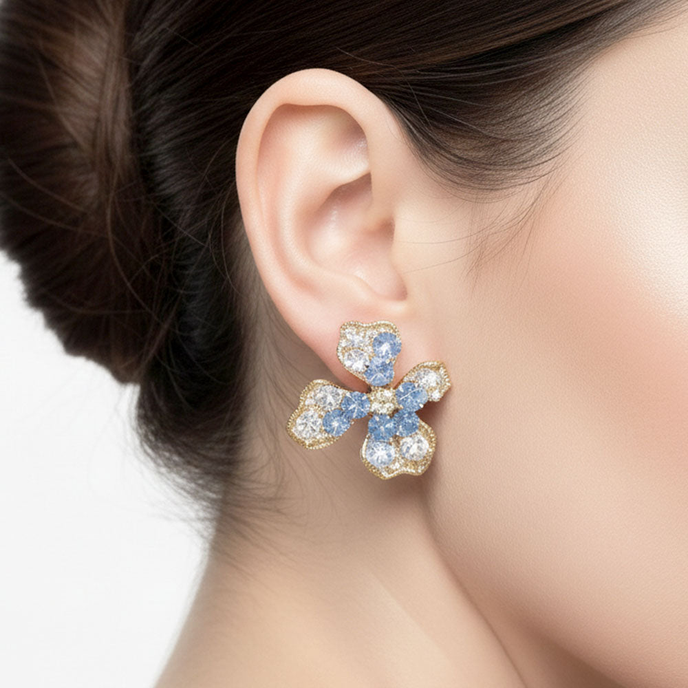 Sparkling Blue and White Crystal Floral Stud Earrings