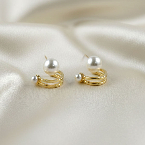 Elegant Gold-Plated Huggie Earrings with Double Pearls.