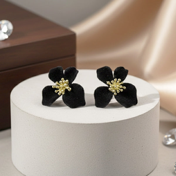 Black Velvet Floral Earrings with Golden Stamen Detail