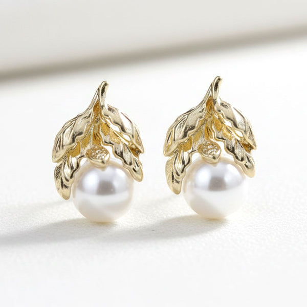 Gold Leaf & Pearl Cluster Stud Earrings