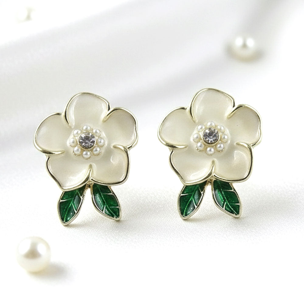 Pearl Bloom Floral with leaf Stud Earrings
