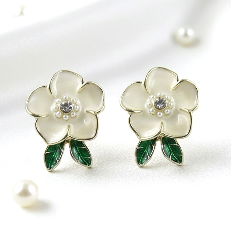 Pearl Bloom Floral with leaf Stud Earrings
