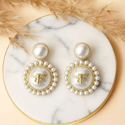 oyal Pearl Bee Charm Drop Earrings