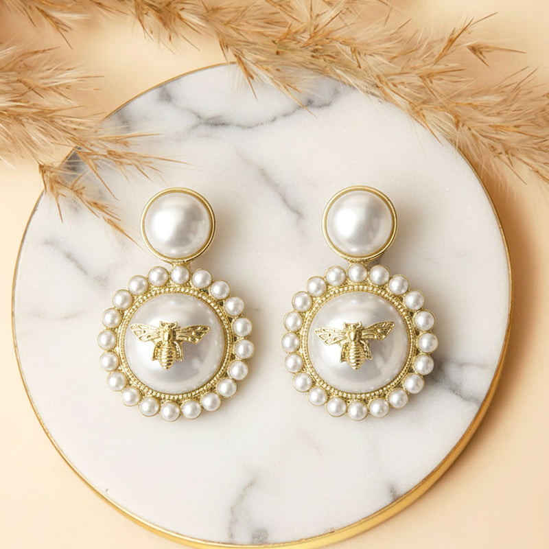 oyal Pearl Bee Charm Drop Earrings