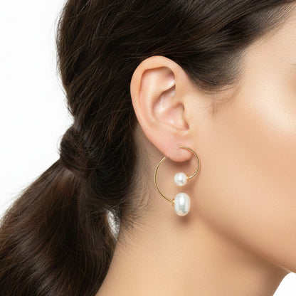 Gold-Tone Open Hoop Earrings with Duo Pearl Accents