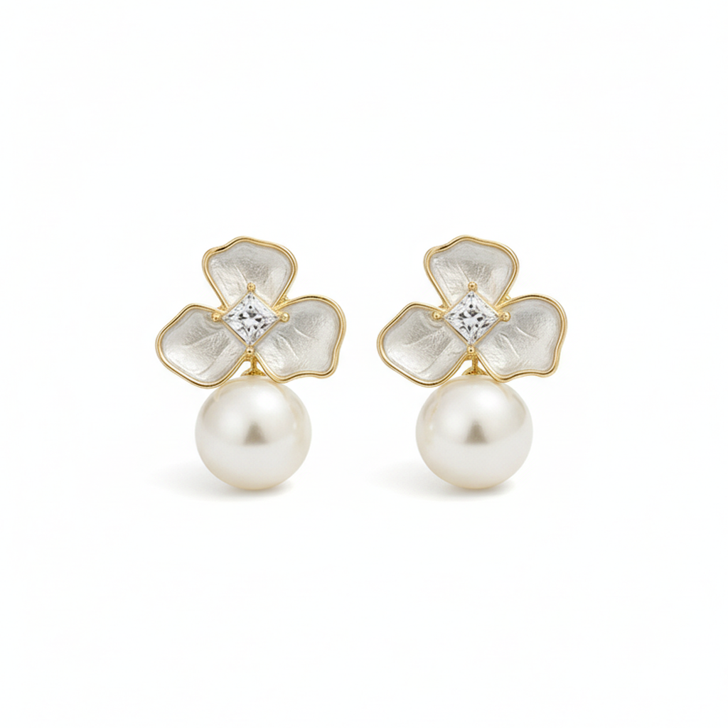 Elegant Silver-Finish Flower Studs with Pearl Drop Accents