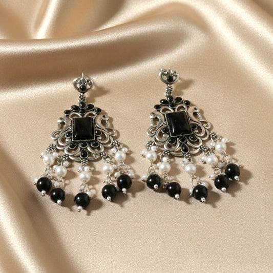 Black Stone & Pearl Oxidised Jhumke