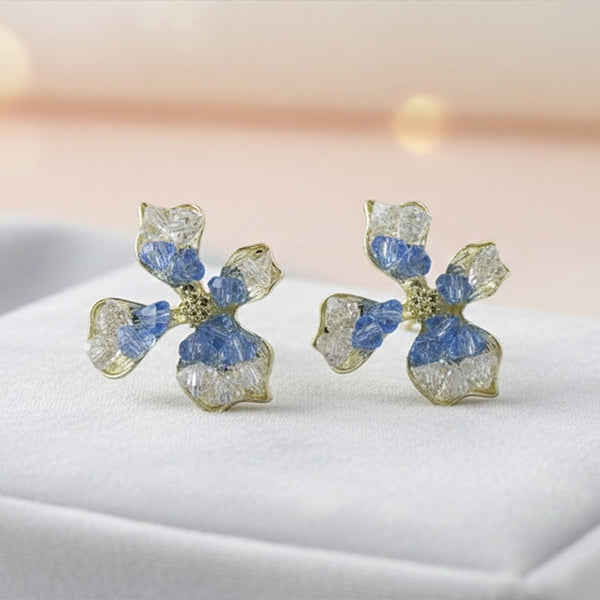 Sparkling Blue and White Crystal Floral Stud Earrings