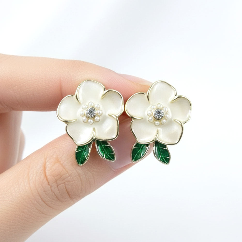 Pearl Bloom Floral with leaf Stud Earrings