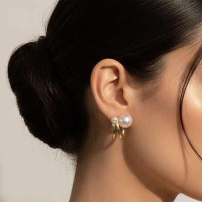 Elegant Gold-Plated Huggie Earrings with Double Pearls.