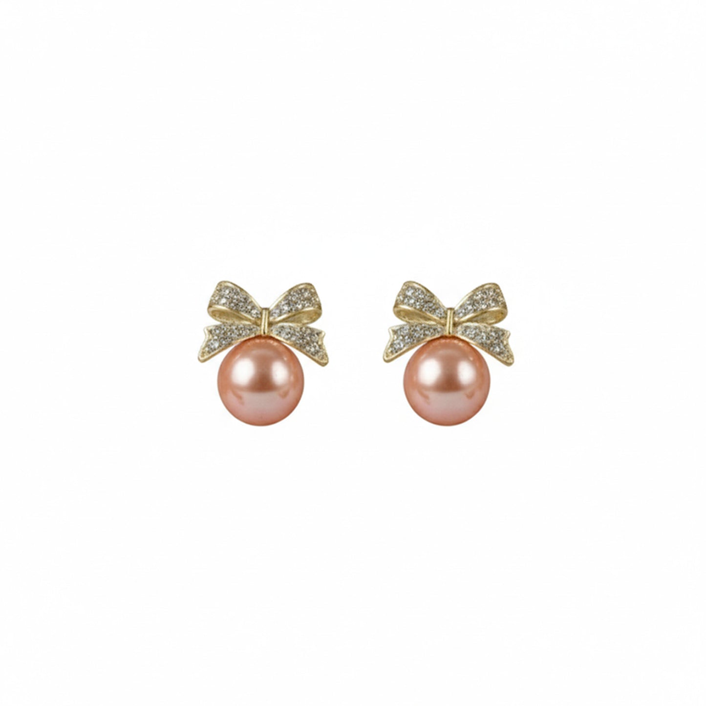 Rose-Gold Bow Studs with Lustrous Peach Pearl Drops