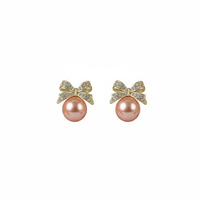 Rose-Gold Bow Studs with Lustrous Peach Pearl Drops