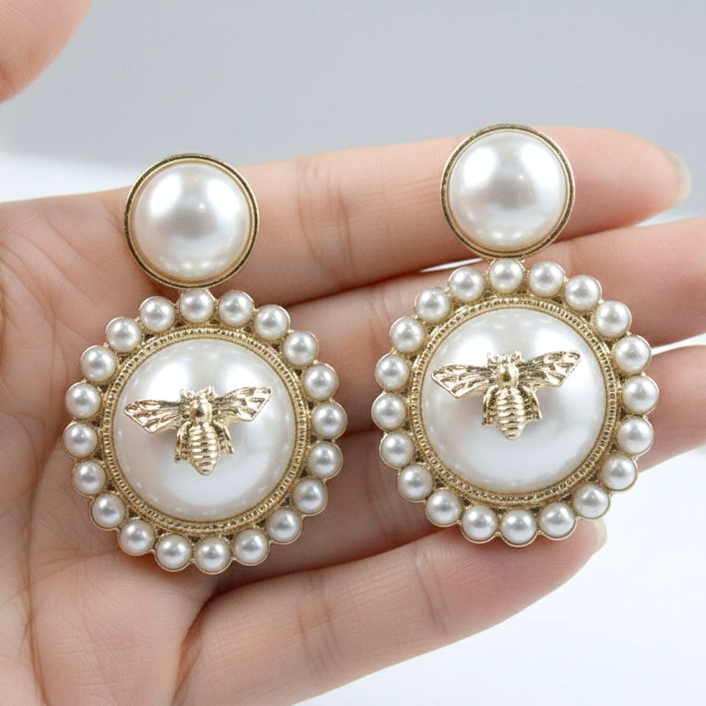 oyal Pearl Bee Charm Drop Earrings