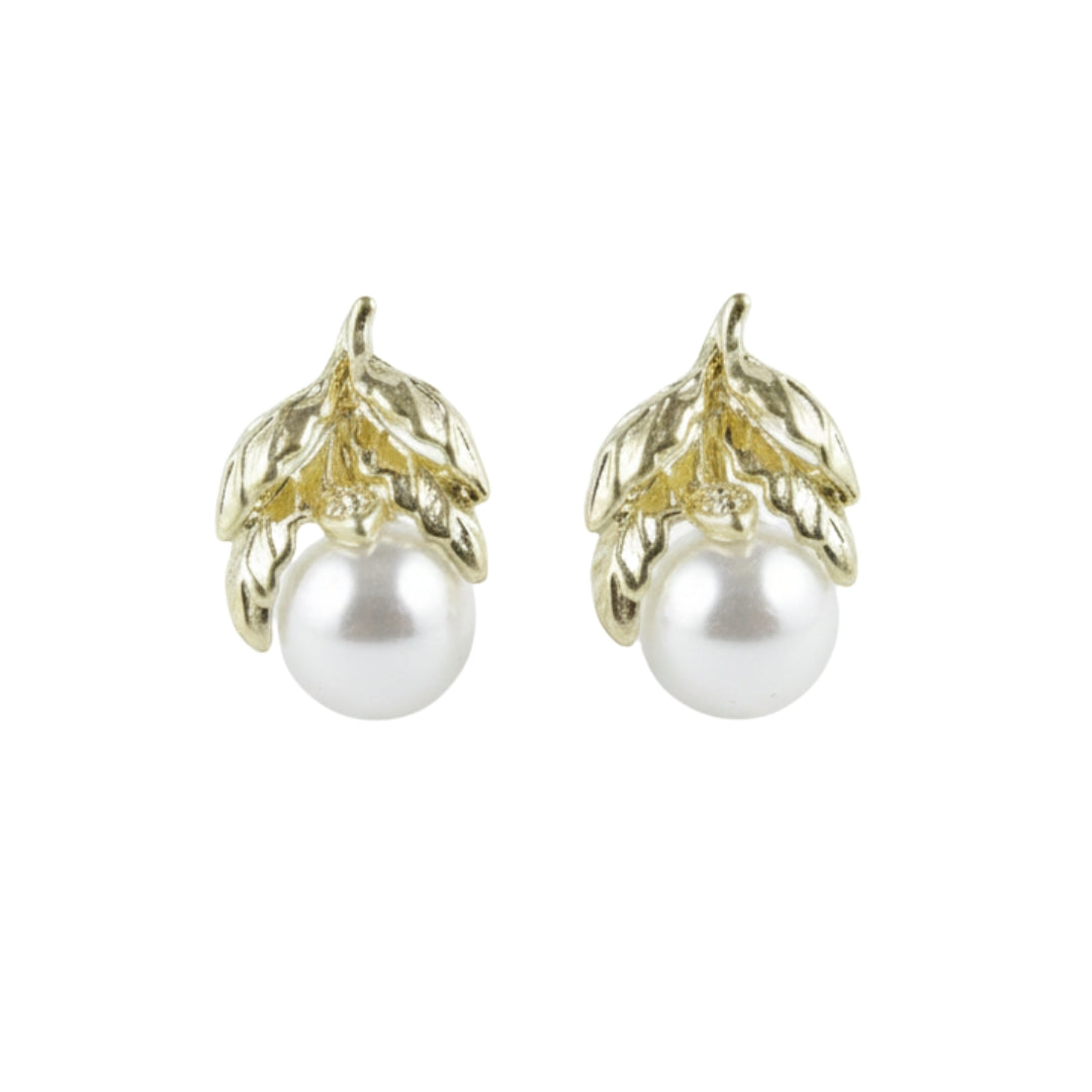 Gold Leaf & Pearl Cluster Stud Earrings