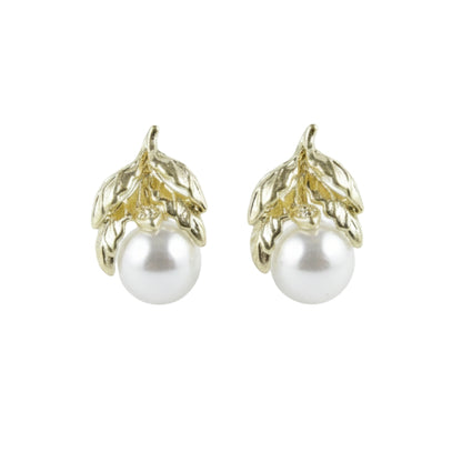 Gold Leaf & Pearl Cluster Stud Earrings