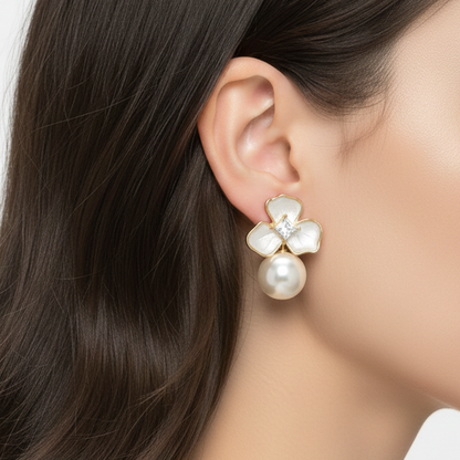 Elegant Silver-Finish Flower Studs with Pearl Drop Accents