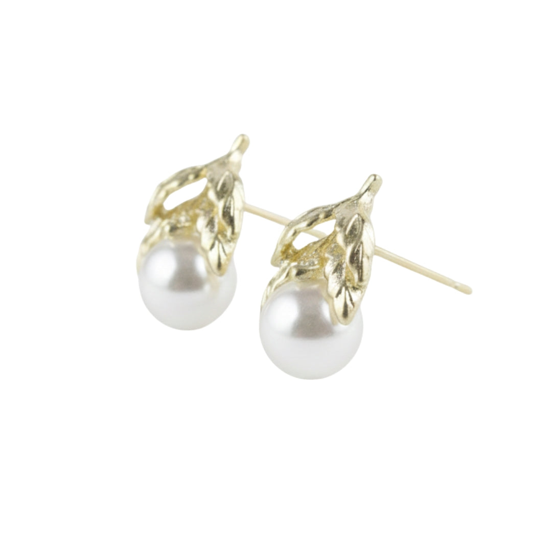 Gold Leaf & Pearl Cluster Stud Earrings