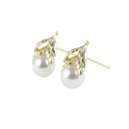 Gold Leaf & Pearl Cluster Stud Earrings