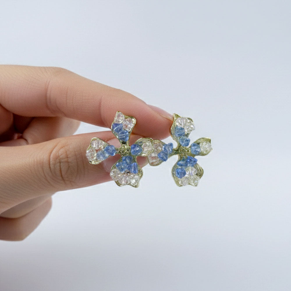 Sparkling Blue and White Crystal Floral Stud Earrings