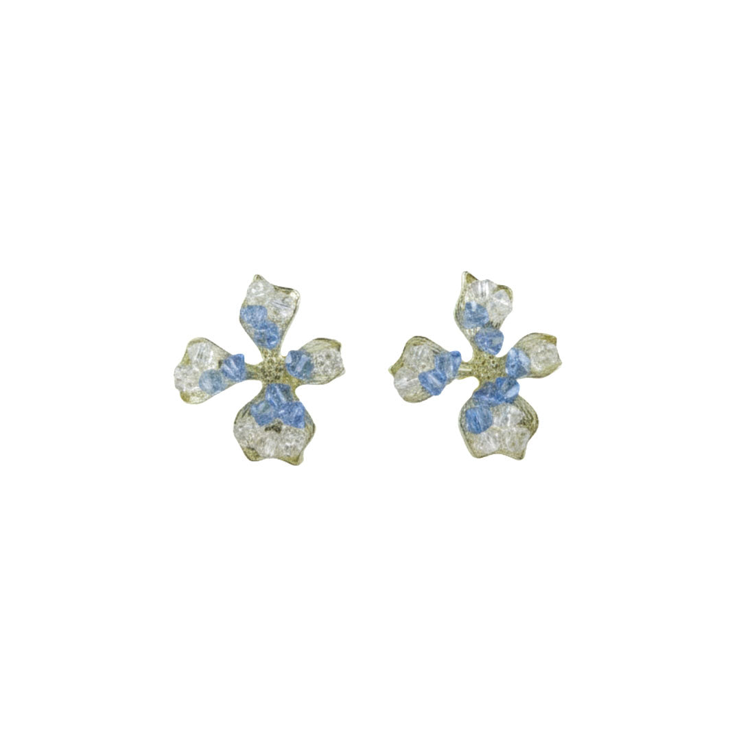 Sparkling Blue and White Crystal Floral Stud Earrings