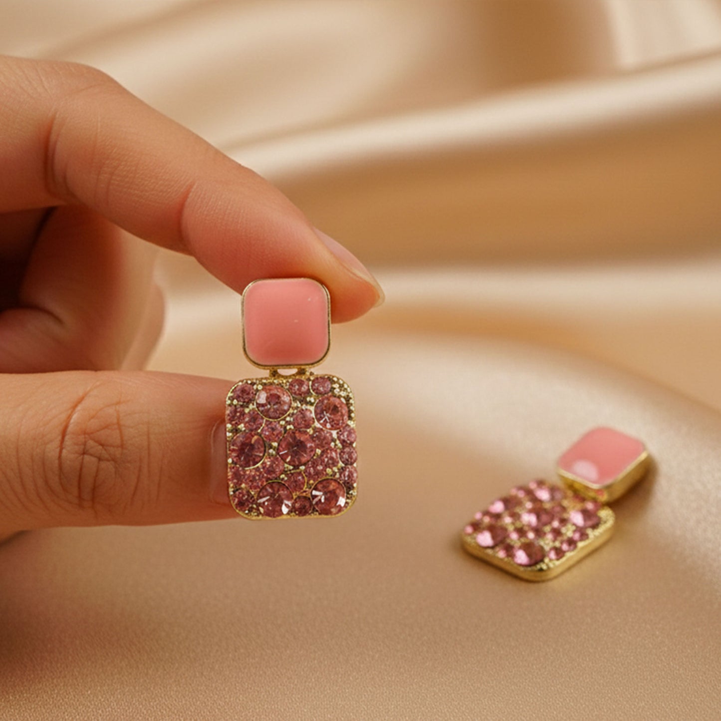 Soft Pink and Crystal Gold-Toned Earrings