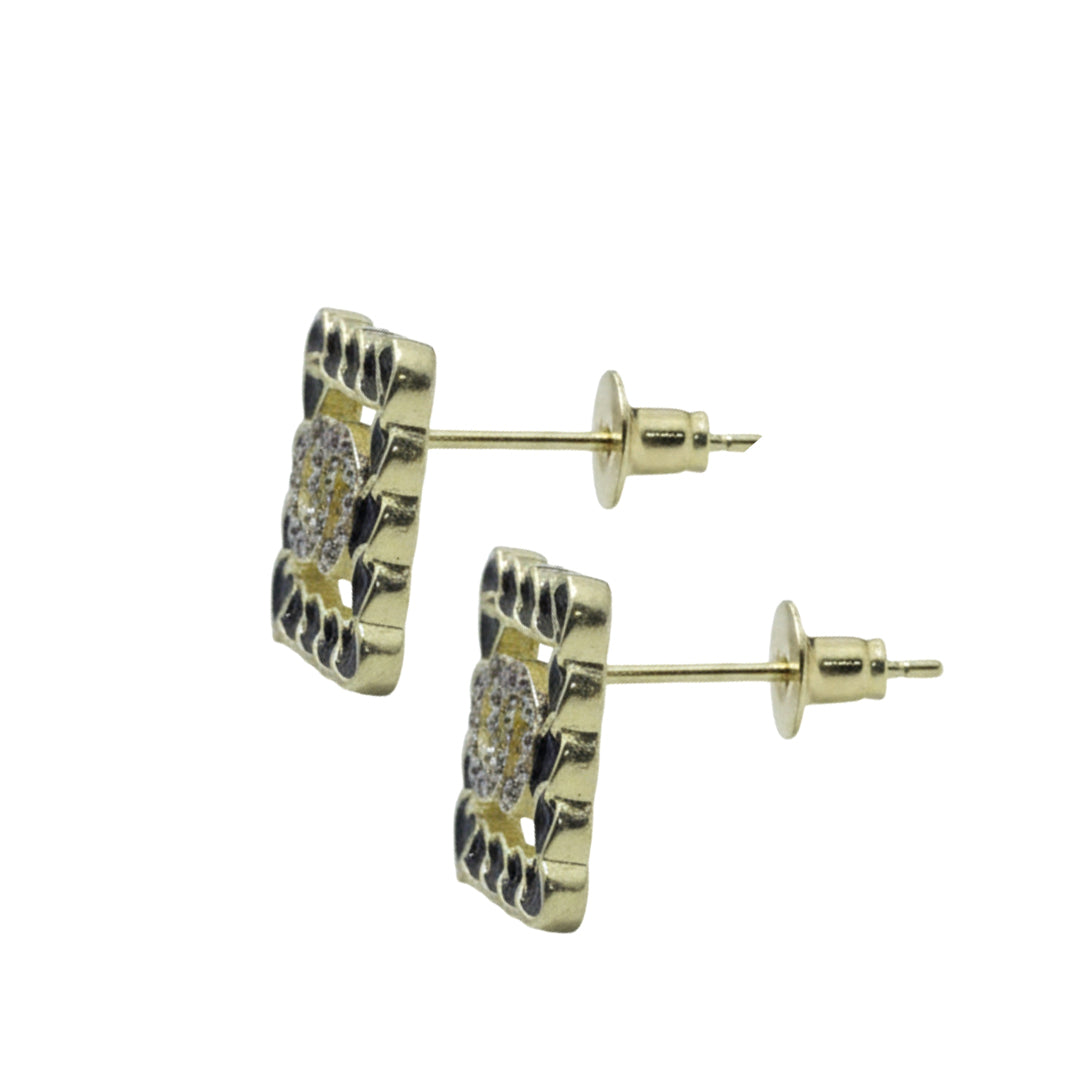 Elegant Gold-Plated Interlocking Circle Studs with Crystal Border.