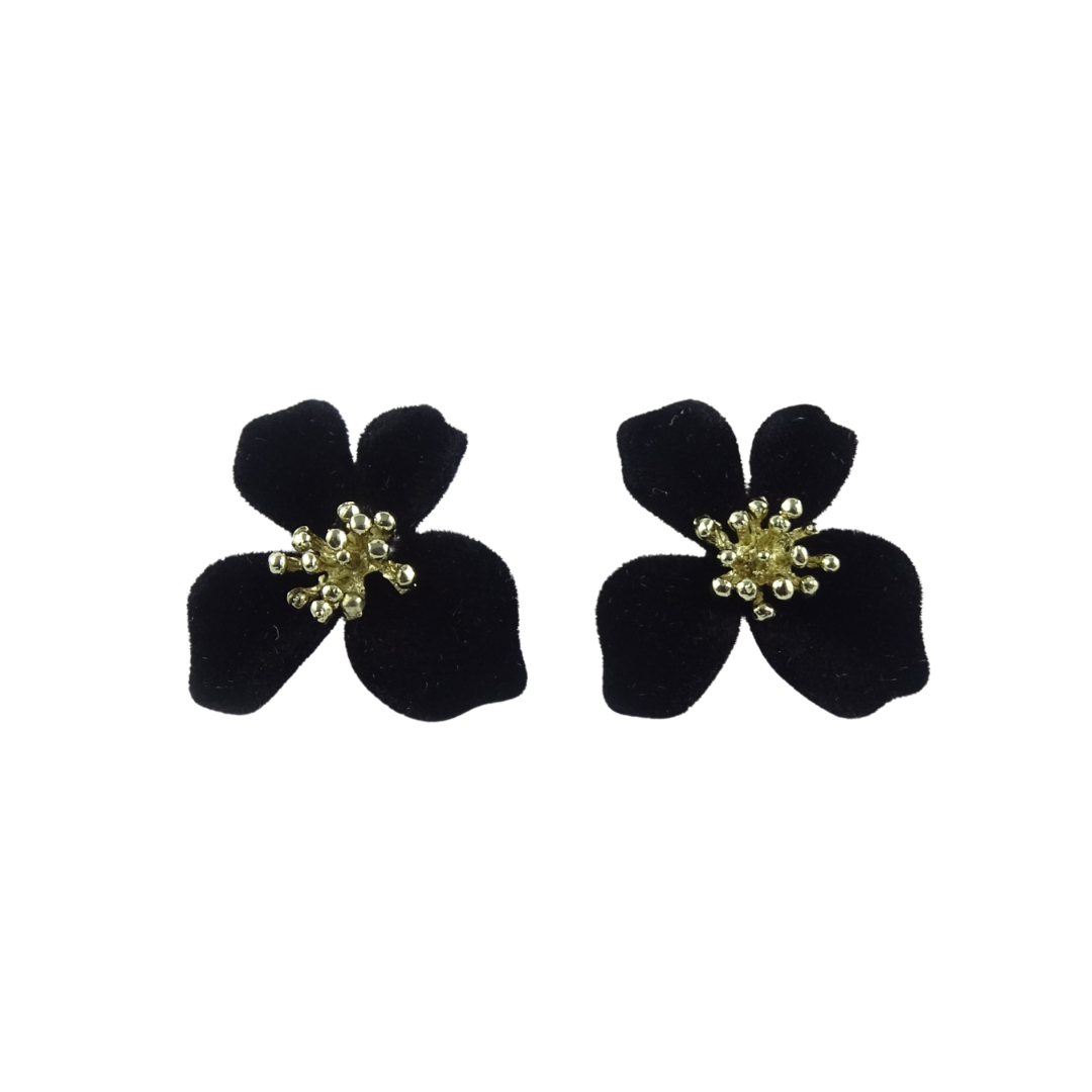 Black Velvet Floral Earrings with Golden Stamen Detail
