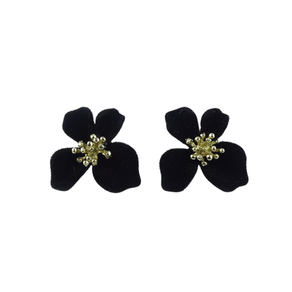 Black Velvet Floral Earrings with Golden Stamen Detail