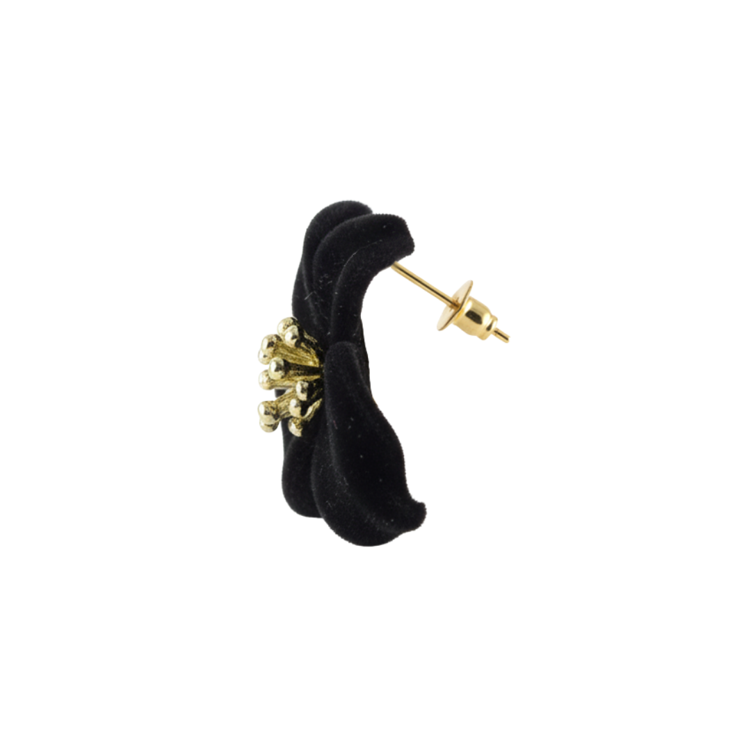 Black Velvet Floral Earrings with Golden Stamen Detail