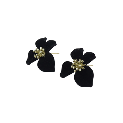 Black Velvet Floral Earrings with Golden Stamen Detail
