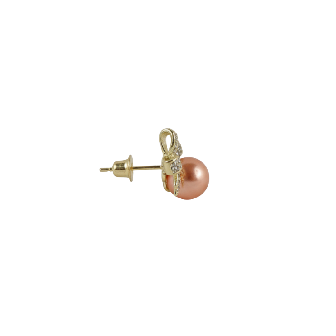 Rose-Gold Bow Studs with Lustrous Peach Pearl Drops