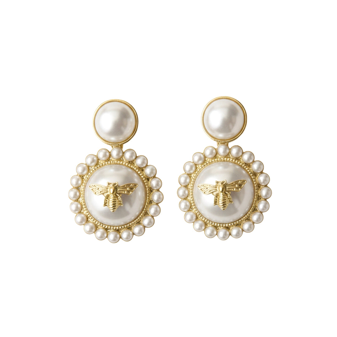 oyal Pearl Bee Charm Drop Earrings