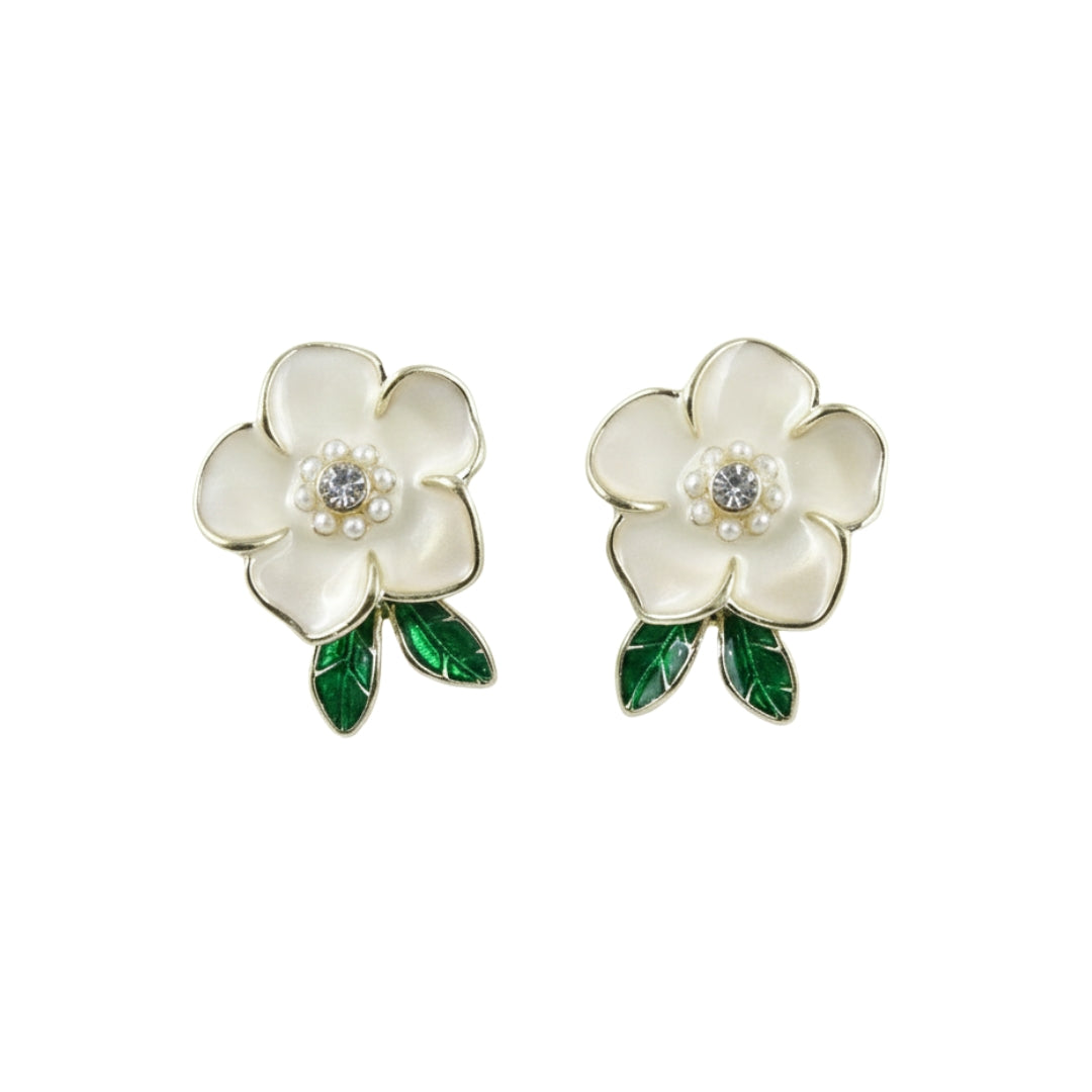 Pearl Bloom Floral with leaf Stud Earrings