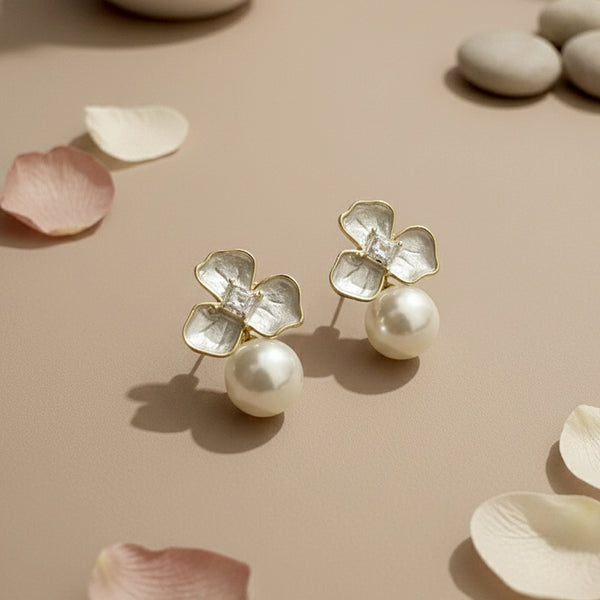 Elegant Silver-Finish Flower Studs with Pearl Drop Accents