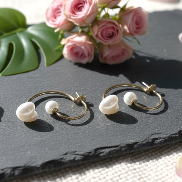 Gold-Tone Open Hoop Earrings with Duo Pearl Accents